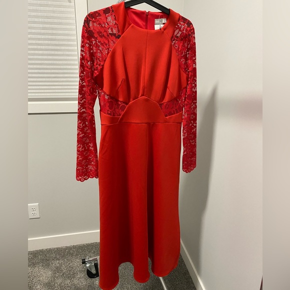 NWT ASOS red dress with lace sleeves and cut outs midi length size 8. - Picture 1 of 4